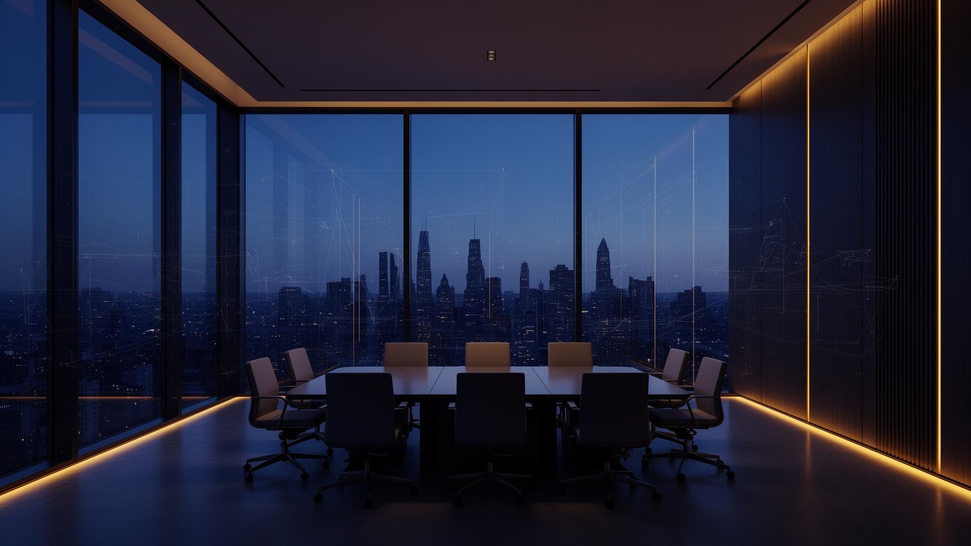 Executive boardroom at dusk overlooking a connected city
